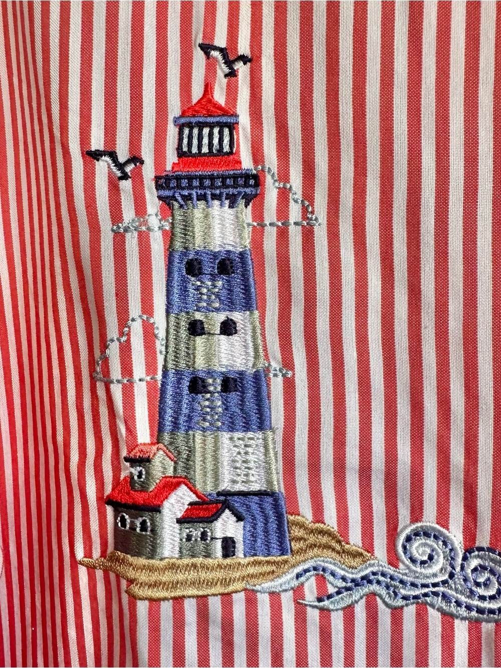 Blair Red White Striped Nautical Embroidered Lighthouse Sail Boat Button Up Med - Picture 4 of 6